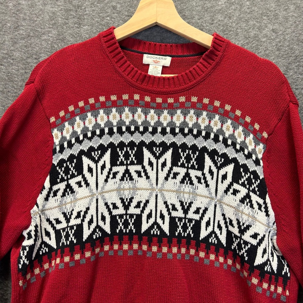 Dockers Mens Red Fair Isle Cotton Crewneck Sweater Size M Geometric Nordic